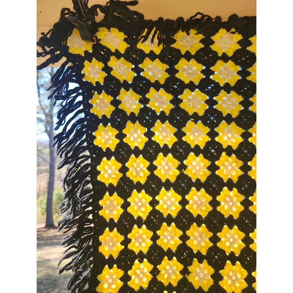 Vintage Handmade Crochet Granny Square Floral Throw Blanket Yellow Black Fringe
